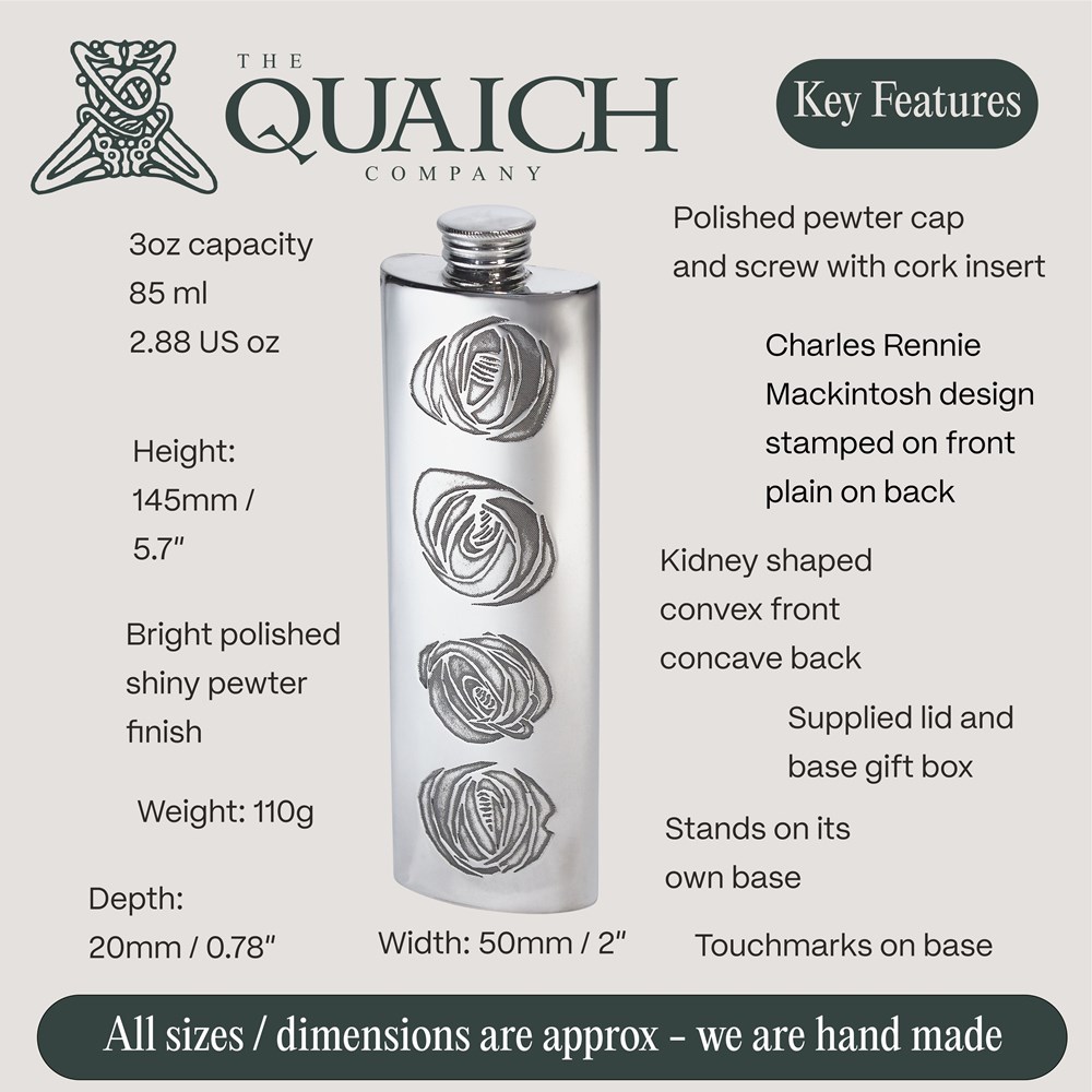 Charles Rennie Mackintosh 3oz Pewter Purse Flask