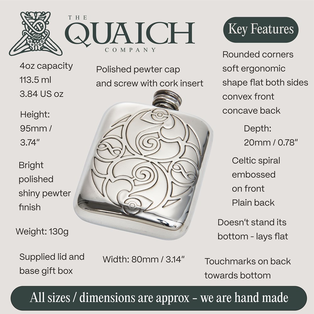 Celtic Spirals 4oz Pewter Pocket Flask Celtic Spirals 4oz Pewter Pocket Flask