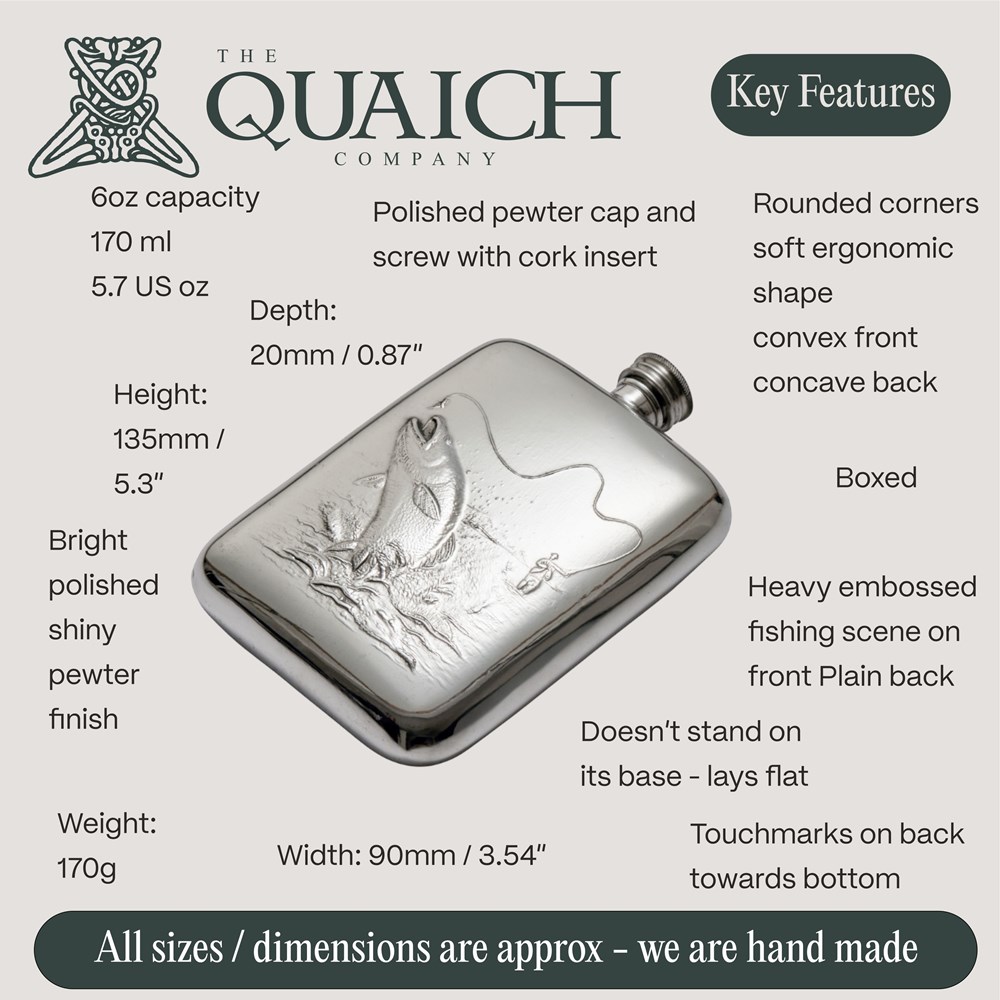 Fishing Embossed 6oz Pewter Pocket Flask Fishing Embossed 6oz Pewter Pocket Flask