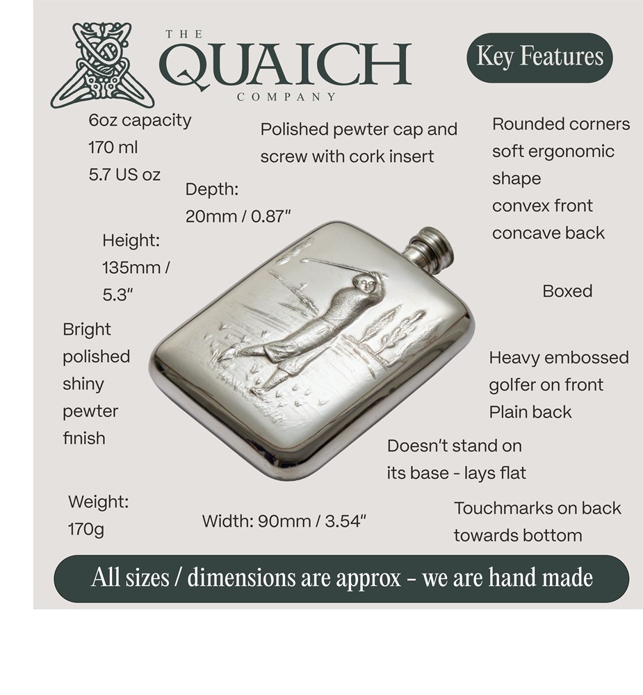Golfer Embossed 6oz Pewter Pocket Flask Golfer Embossed 6oz Pewter Pocket Flask