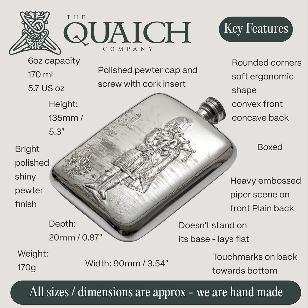 Piper Embossed 6oz Pewter Pocket Flask