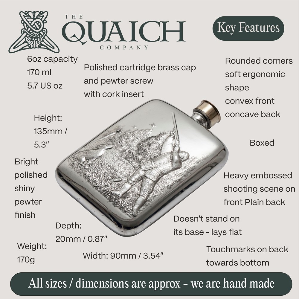Shooting Embossed 6oz Pewter Pocket Flask Shooting Embossed 6oz Pewter Pocket Flask