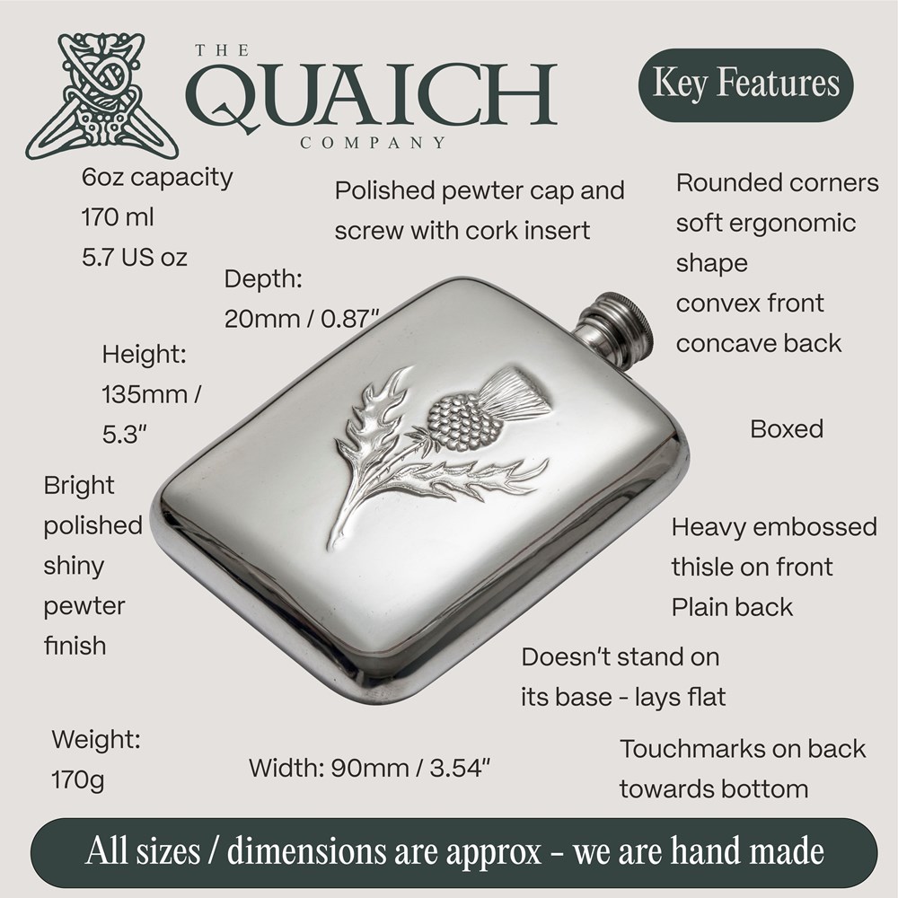 Thistle Embossed 6oz Pewter Pocket Flask Thistle Embossed 6oz Pewter Pocket Flask