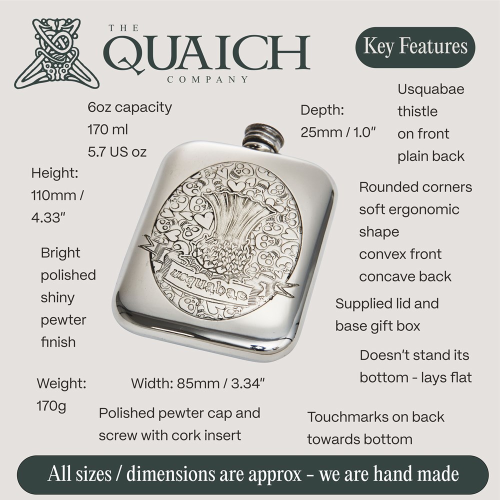 Usquabae Thistle Skull And Hearts Pewter Pocket Flask