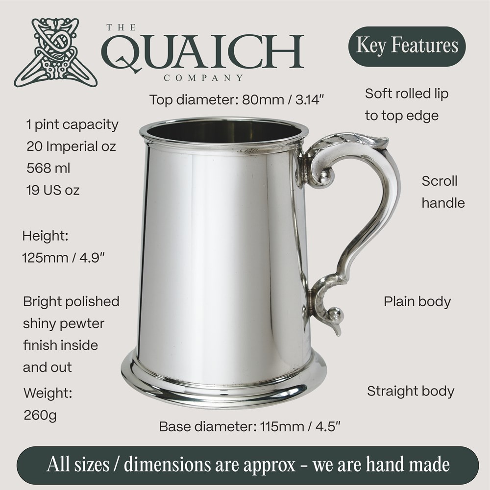 Plain Scroll Handle One Pint Pewter Tankard Plain Scroll Handle One Pint Pewter Tankard