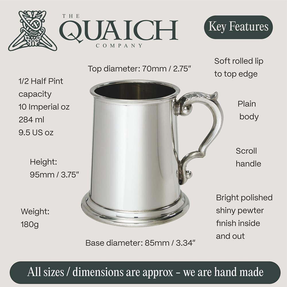 Plain Scroll handle Half Pint Pewter Tankard Plain Scroll handle Half Pint Pewter Tankard