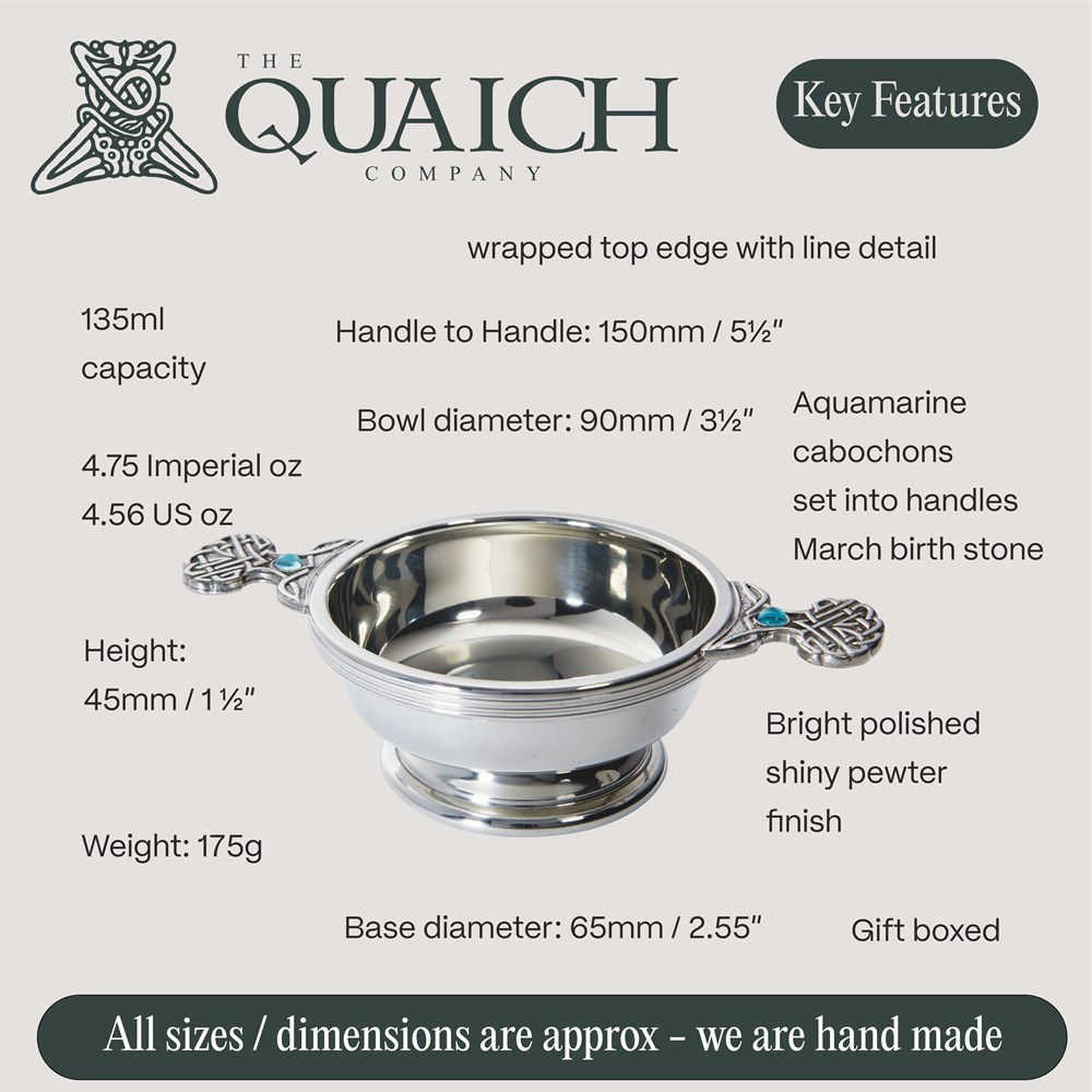 March Birthstone Pewter Quaich With Aquamarine Stones