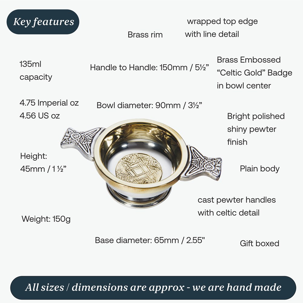 Small Celtic Gold Pewter And Brass Quaich Small Celtic Gold Pewter And Brass Quaich