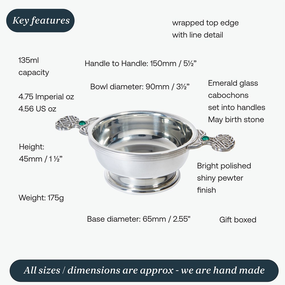 Birthstone Pewter Quaich May With Emerald Stones Birthstone Pewter Quaich May With Emerald Stones