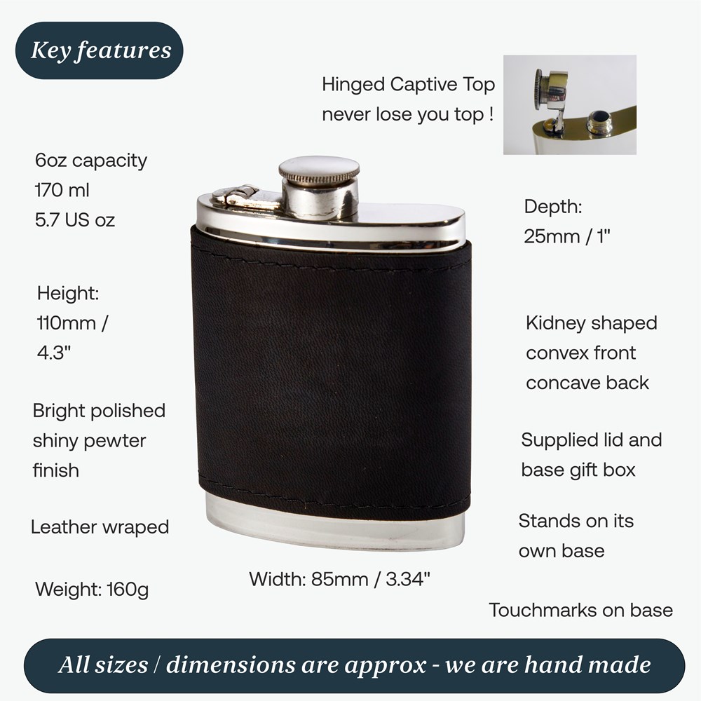 6oz Black Raven Leather Captive Top Pewter Flask 6oz Black Raven Leather Captive Top Pewter Flask