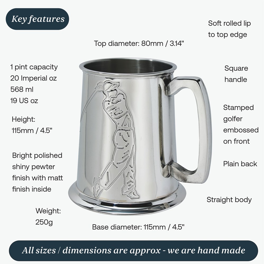 Embossed Golfer One Pint Pewter Tankard Embossed Golfer One Pint Pewter Tankard