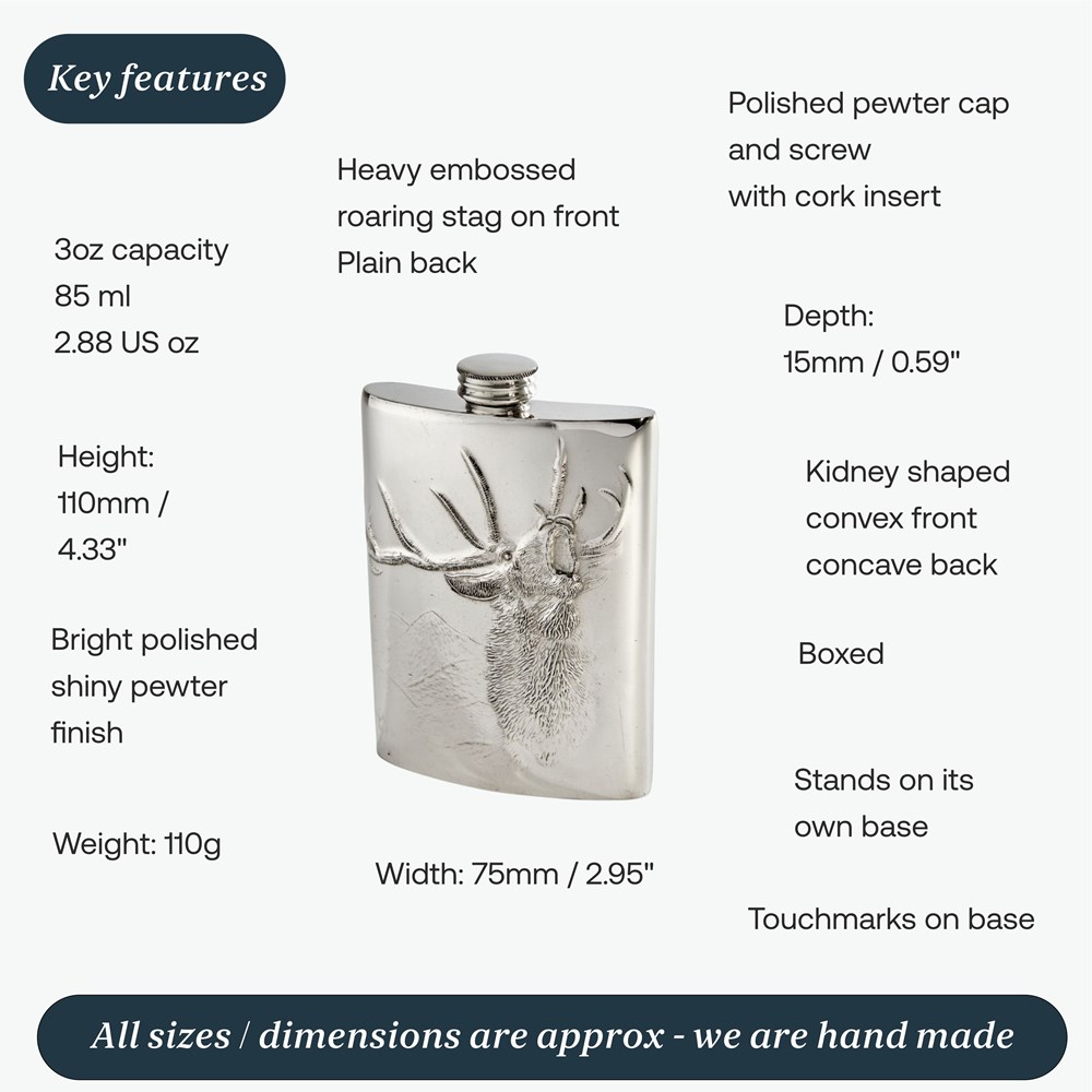 3oz Embossed Roaring Stag Top Pocket Flask