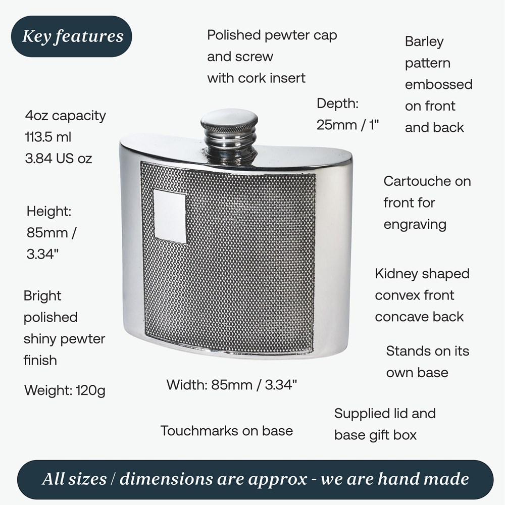 4oz Barley Pewter Kidney Hipflask 4oz Barley Pewter Kidney Hipflask