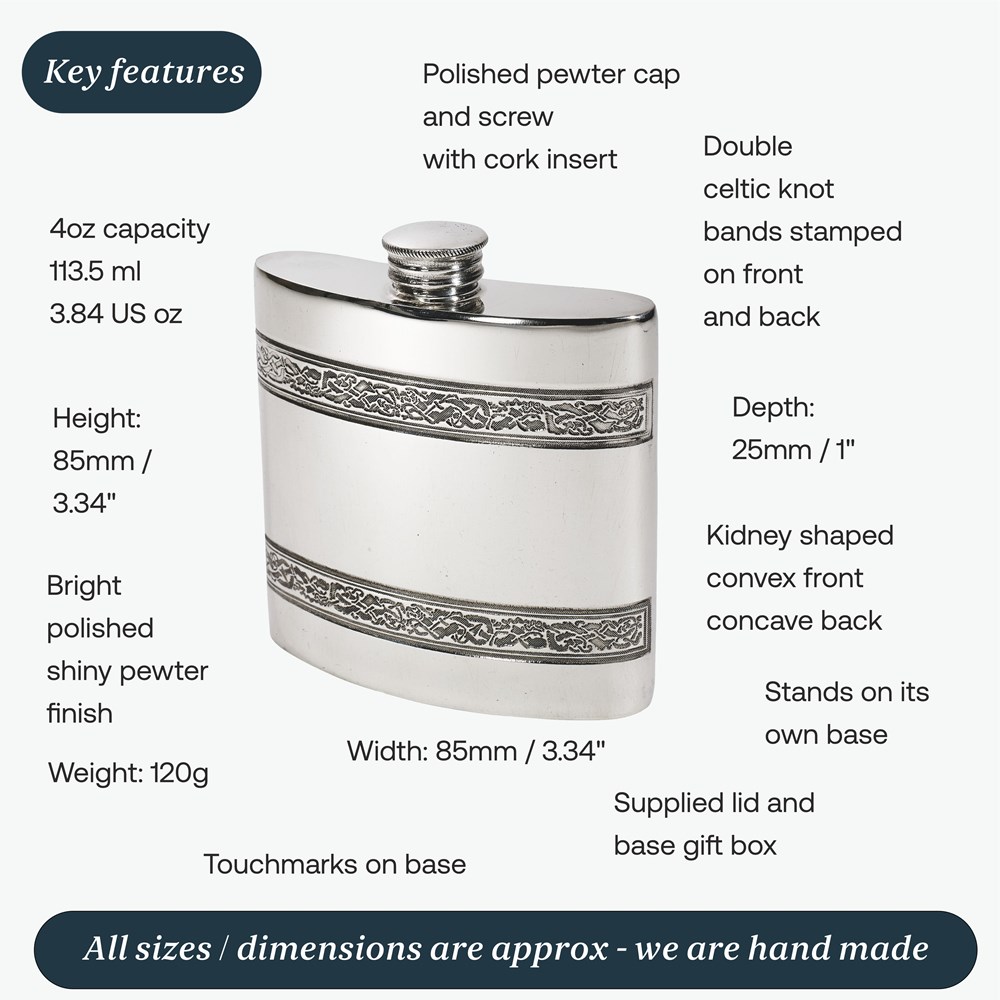 4oz Horizontal Celtic Bands Pewter Kidney Hip Flask 4oz Horizontal Celtic Bands Pewter Kidney Hip Flask