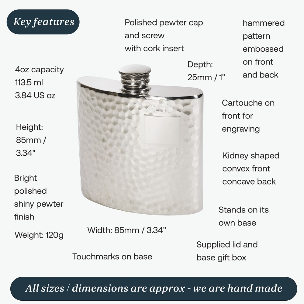 4oz Hammered Pewter Kidney Hip Flask 4oz Hammered Pewter Kidney Hip Flask