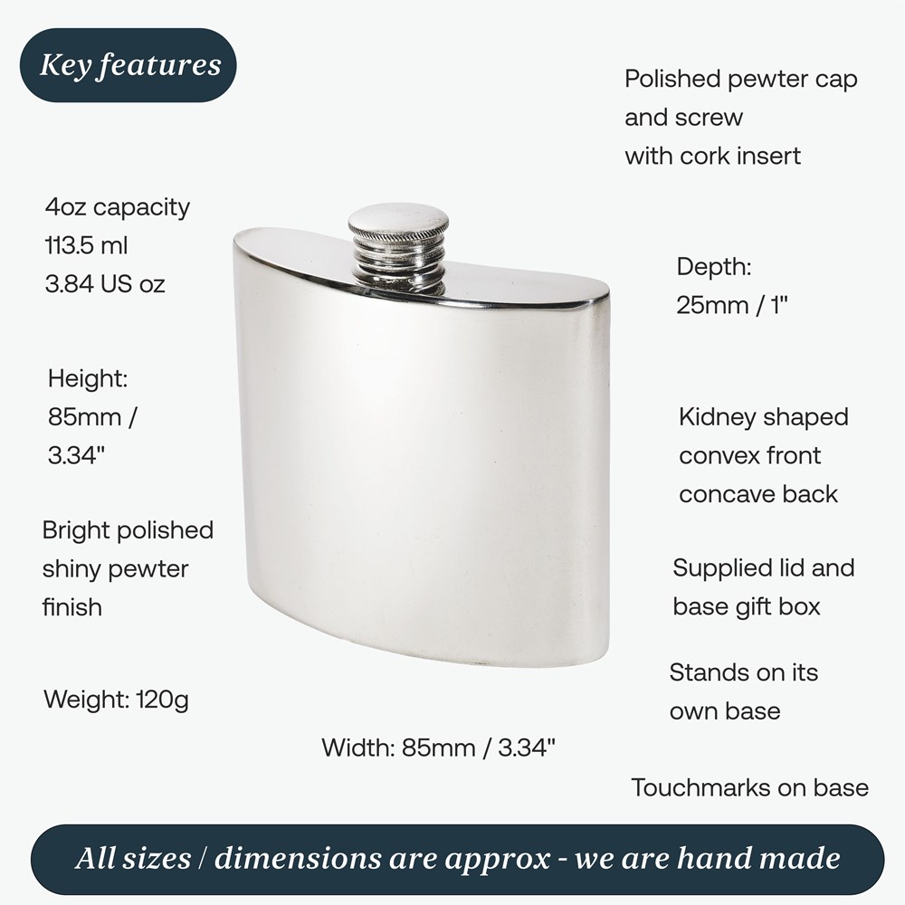 4oz Plain Pewter Kidney Hip Flask 4oz Plain Pewter Kidney Hip Flask