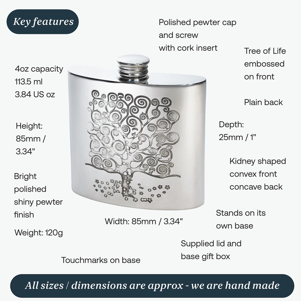 4oz Tree Of Life Tree Pewter Kidney Flask 4oz Tree Of Life Tree Pewter Kidney Flask