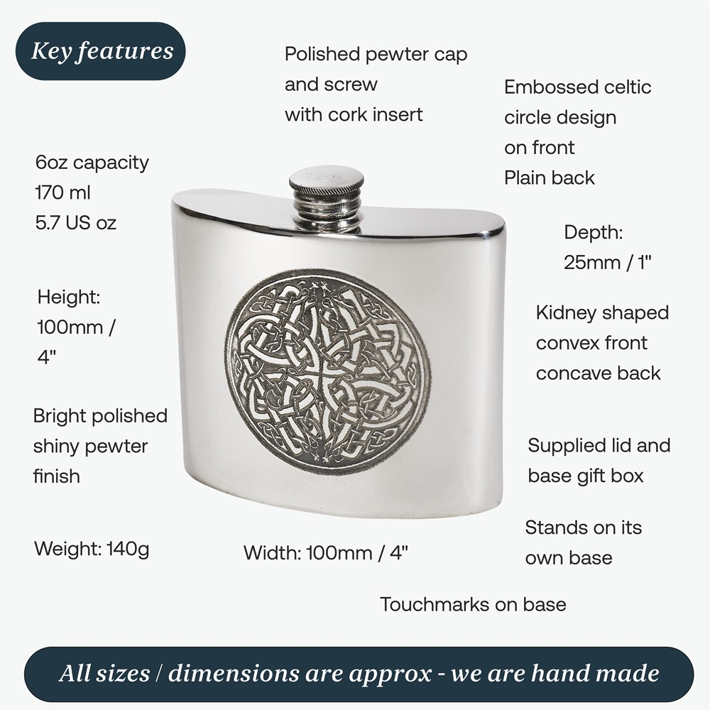 6oz Pewter Celtic Circle Kidney Hip Flask 6oz Pewter Celtic Circle Kidney Hip Flask