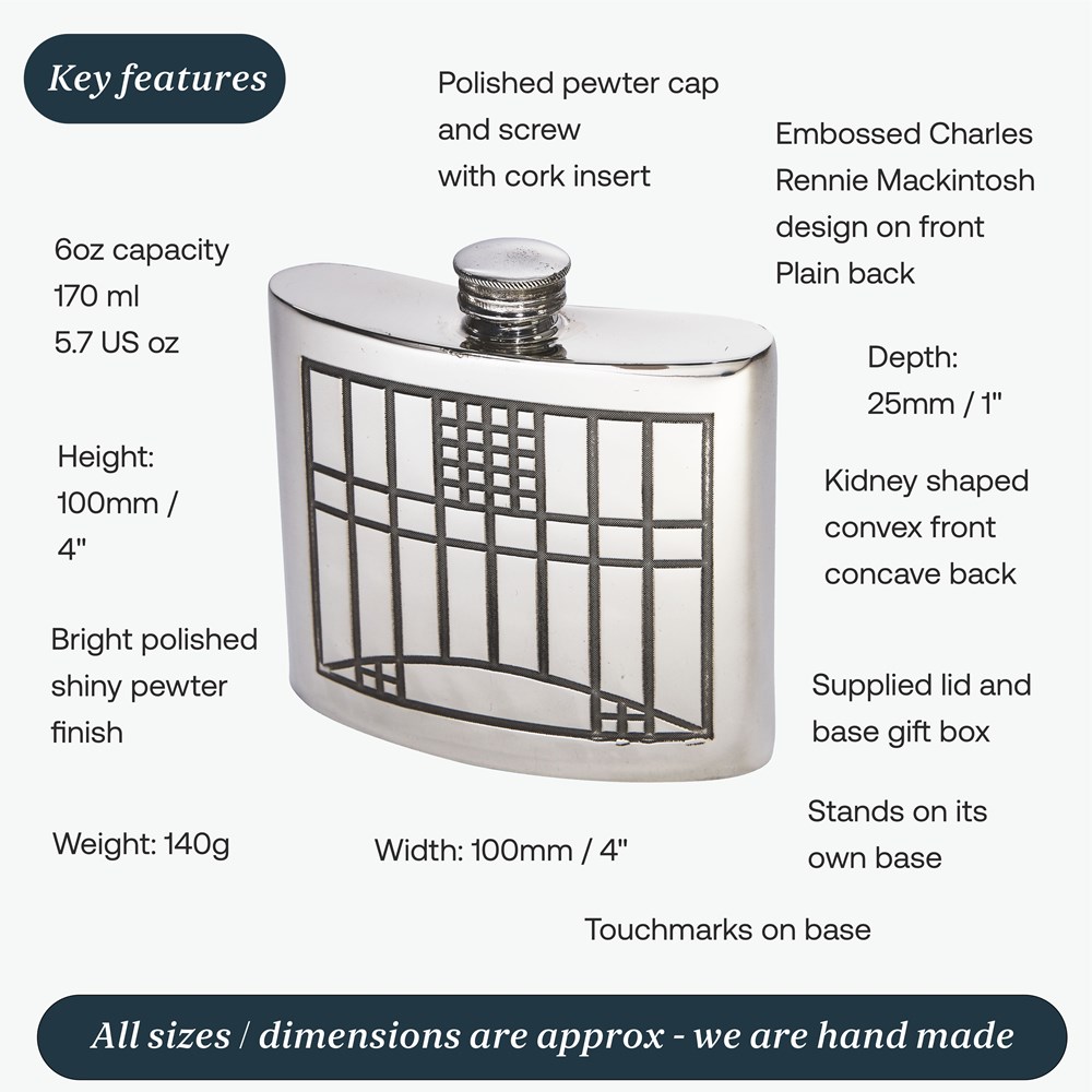 6oz Charles Rennie Mackintosh Pewter Kidney Hip Flask