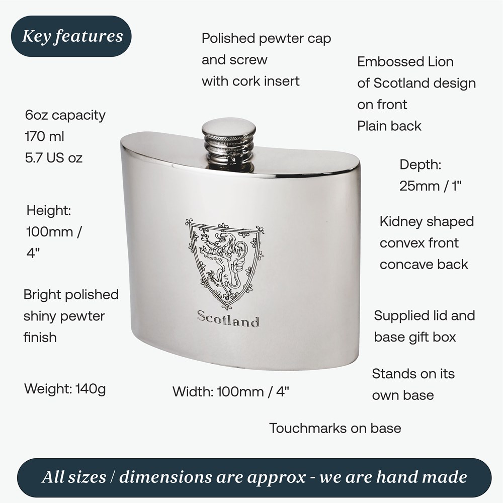 6oz Lion Of Scotland Pewter Kidney Hip flask 6oz Lion Of Scotland Pewter Kidney Hip flask