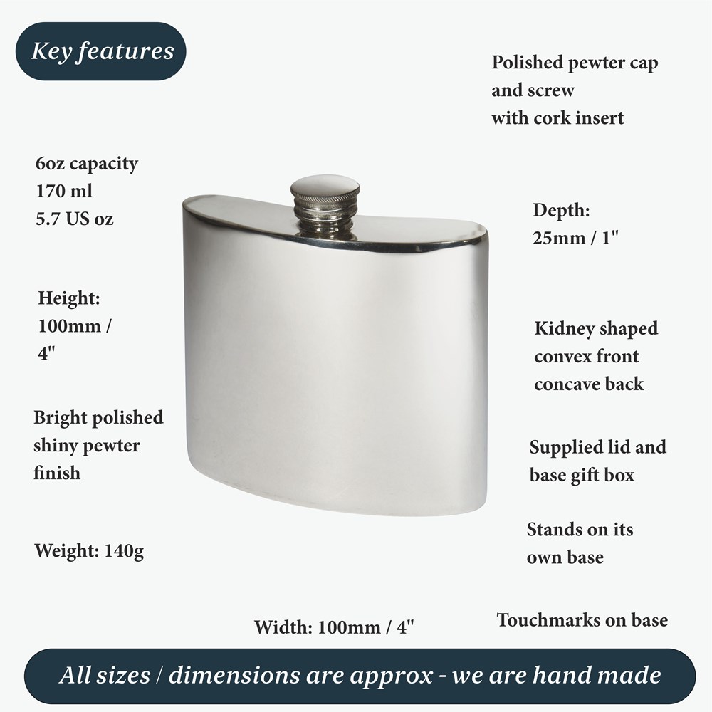 6oz Plain Square Pewter Kidney Hip Flask 6oz Plain Square Pewter Kidney Hip Flask