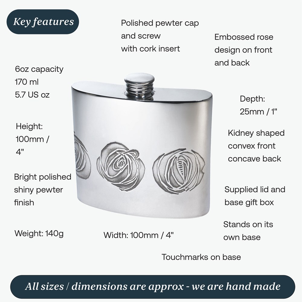 6oz Charles Rennie Mackintosh Rose Pewter Kidney Hip Flask 6oz Charles Rennie Mackintosh Rose Pewter Kidney Hip Flask