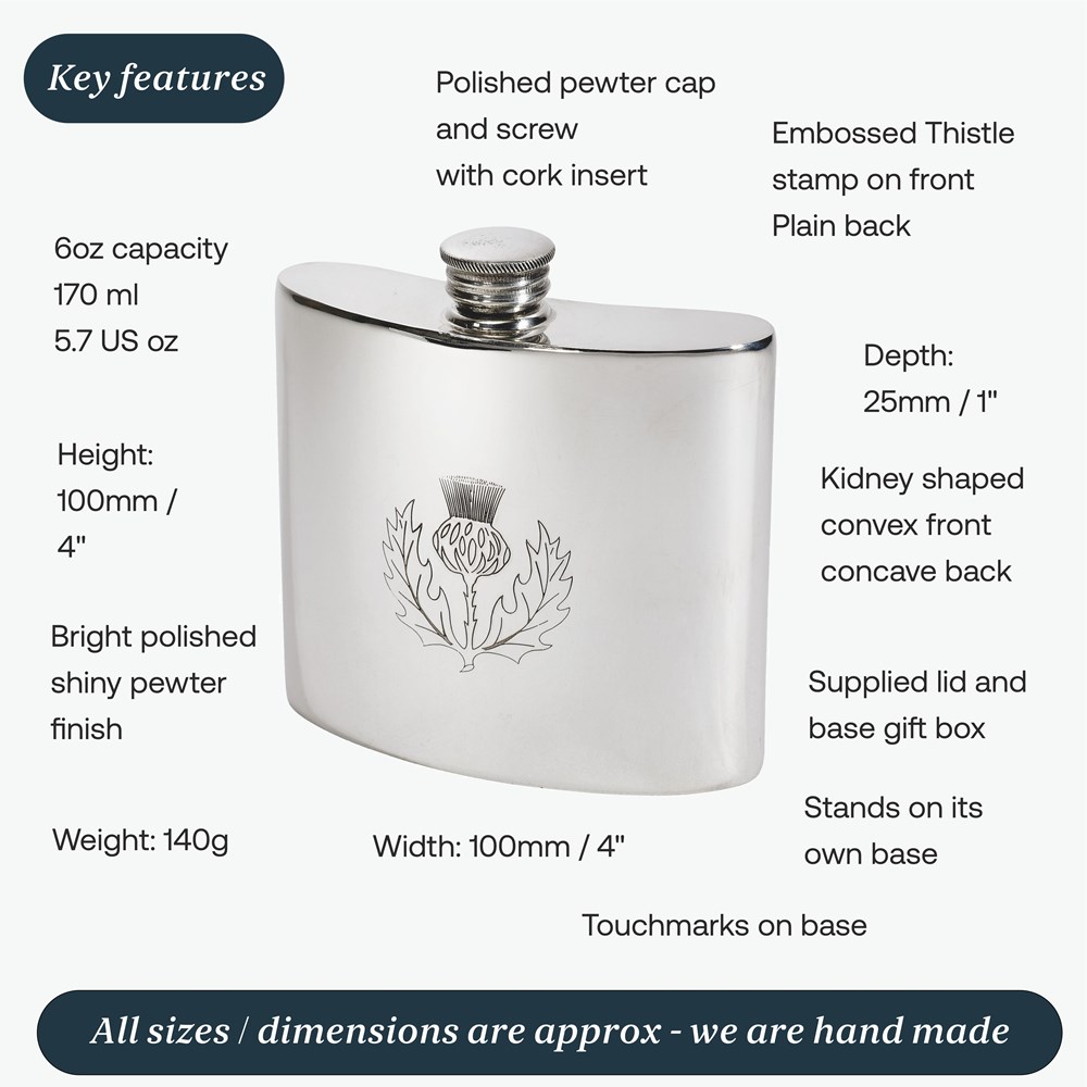 6oz Thistle Pewter Kidney Hip Flask 6oz Thistle Pewter Kidney Hip Flask