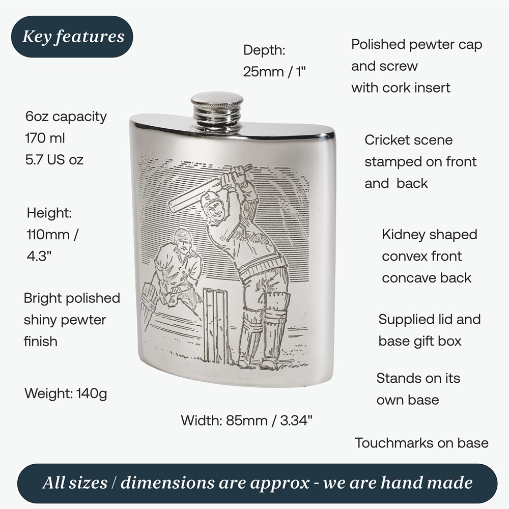 6oz Cricket Scene Pewter Kidney Hip Flask 6oz Cricket Scene Pewter Kidney Hip Flask