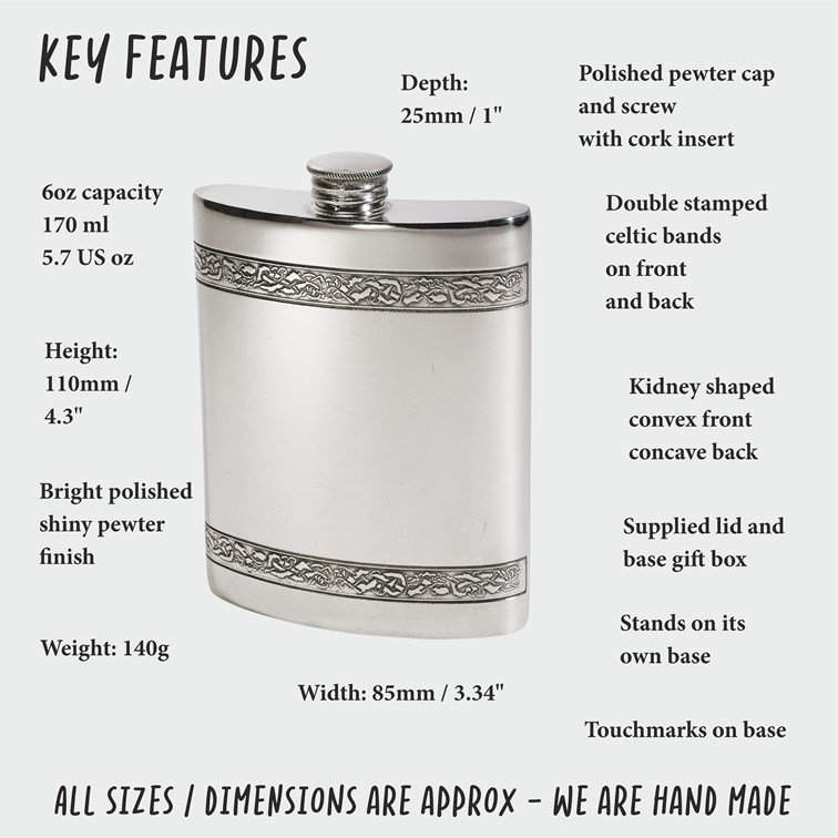6oz Horizontal Celtic Bands Pewter Kidney Hip Flask 6oz Horizontal Celtic Bands Pewter Kidney Hip Flask