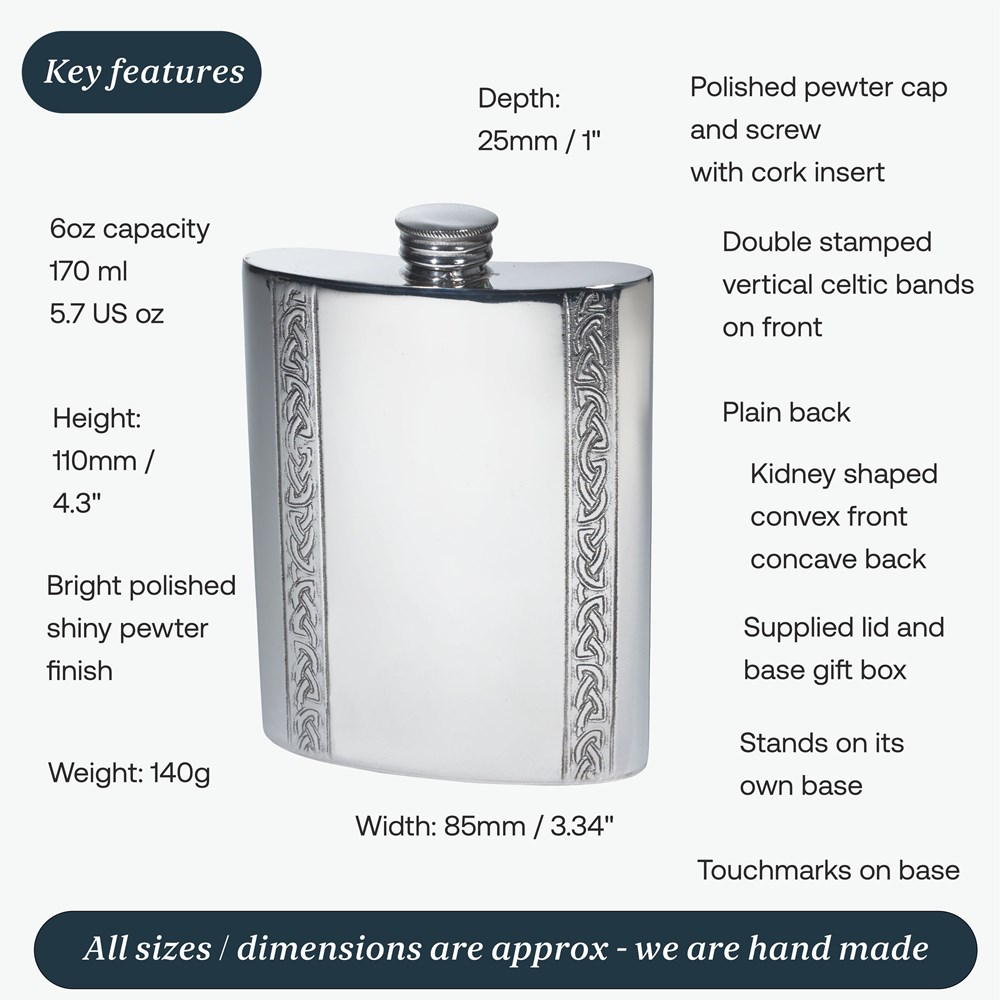 6oz Vertical Celtic Bands Pewter Kidney Hip Flask 6oz Vertical Celtic Bands Pewter Kidney Hip Flask