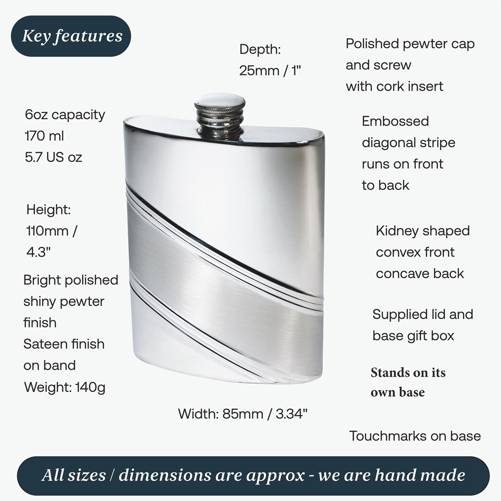 6oz Diagonal Stripe Pewter Kidney Hip Flask 6oz Diagonal Stripe Pewter Kidney Hip Flask