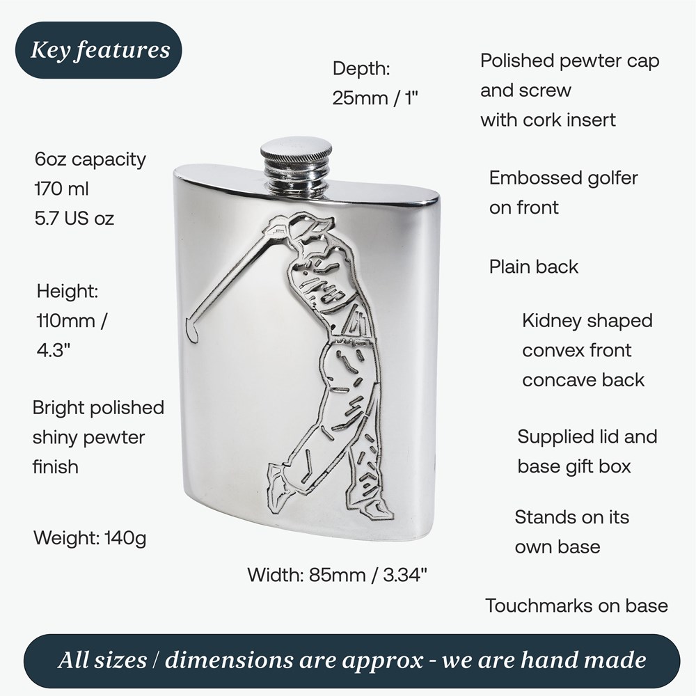6oz Embossed Golfer Pewter Kidney Hip Flask 6oz Embossed Golfer Pewter Kidney Hip Flask