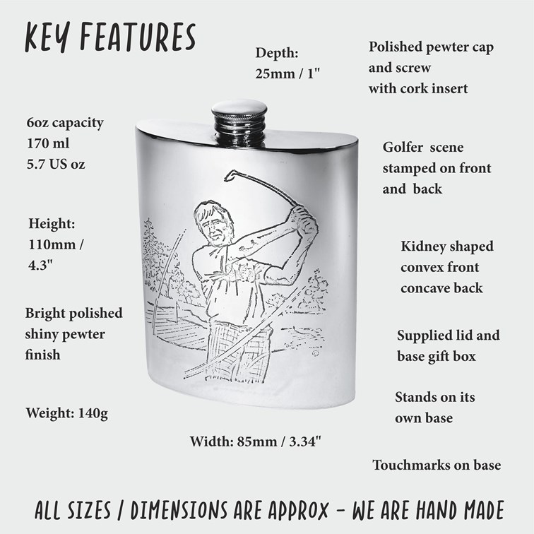 6oz Golf Scene Pewter Kidney Hip Flask 6oz Golf Scene Pewter Kidney Hip Flask