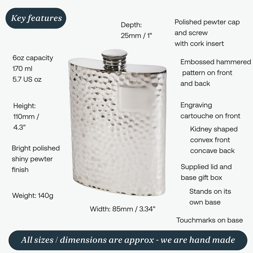 6oz Hammered Pewter Kidney Hip Flask 6oz Hammered Pewter Kidney Hip Flask