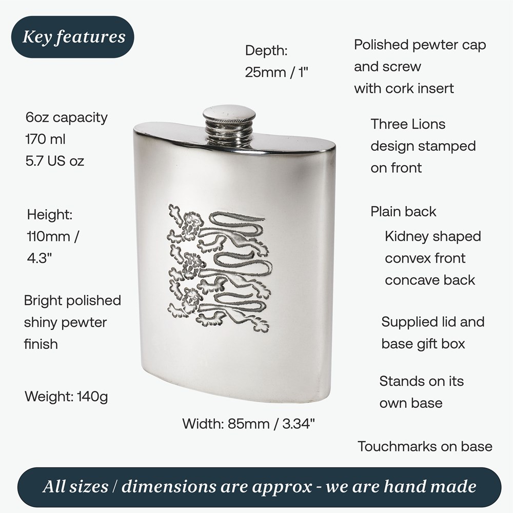 Three Lions 6oz Pewter Kidney Hip Flask Three Lions 6oz Pewter Kidney Hip Flask