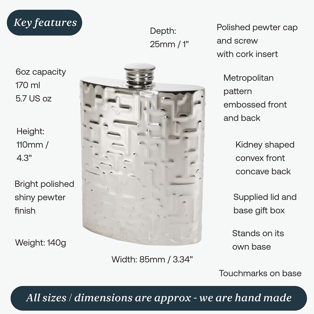 6oz Metropolitan Pewter Kidney Hip Flask 6oz Metropolitan Pewter Kidney Hip Flask