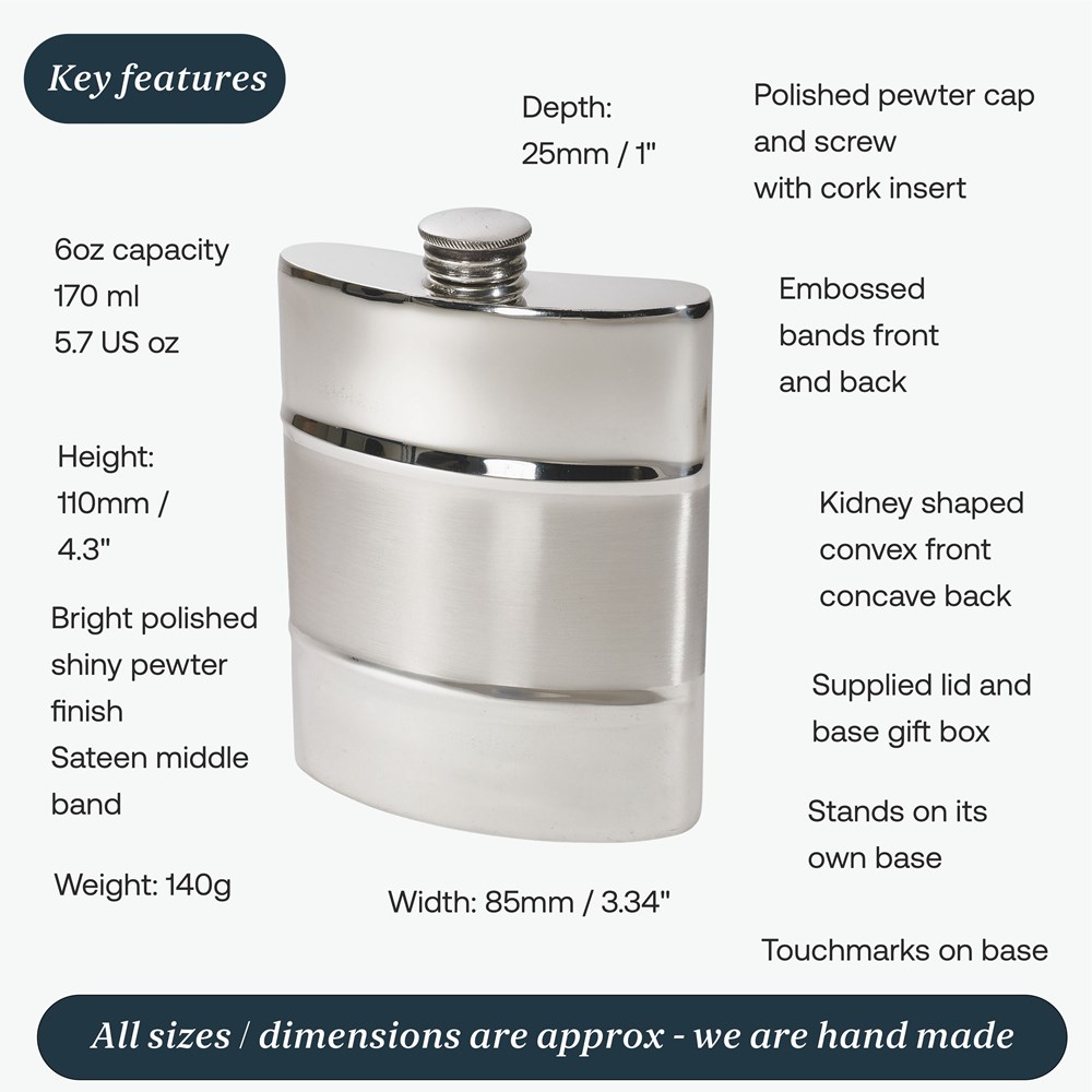 Part Satin 6oz Pewter Kidney Hip Flask Part Satin 6oz Pewter Kidney Hip Flask