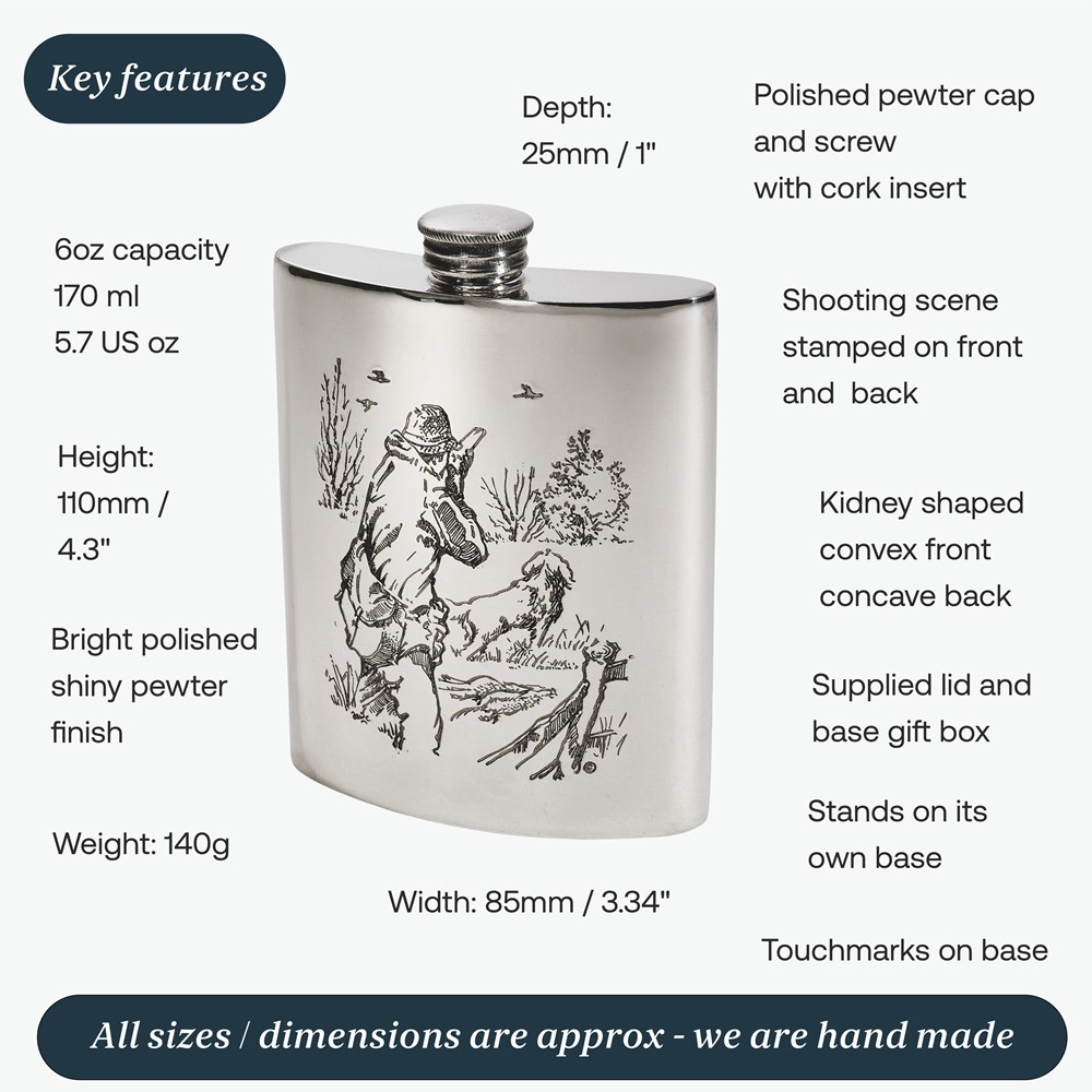 6oz Shooting Scene Pewter Kidney Flask 6oz Shooting Scene Pewter Kidney Flask