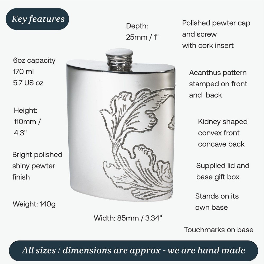 Acanthus Pattern Pewter Kidney Hip Flask Acanthus Pattern Pewter Kidney Hip Flask