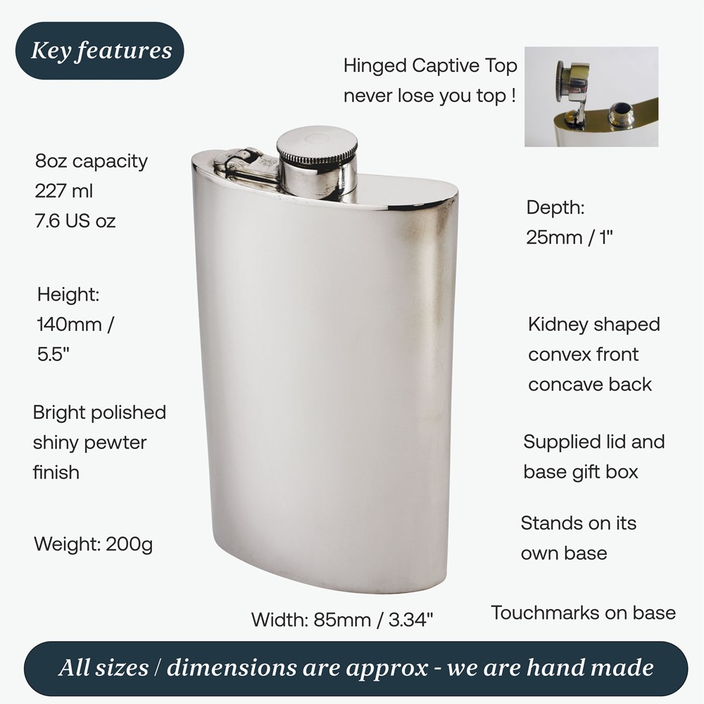 8oz Plain Pewter Kidney Hip Flask With Captive Top 8oz Plain Pewter Kidney Hip Flask With Captive Top