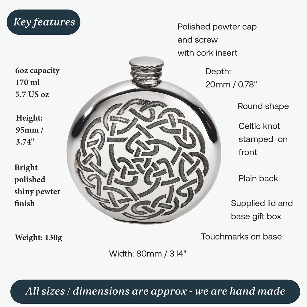 6oz Round Pewter Celtic Knot Flask 6oz Round Pewter Celtic Knot Flask