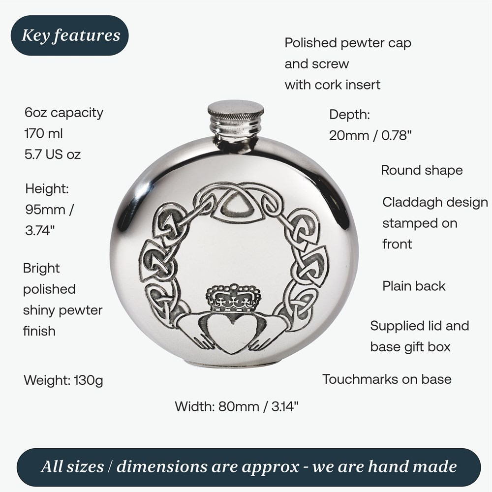 6oz Round Claddagh Pewter Flask 6oz Round Claddagh Pewter Flask