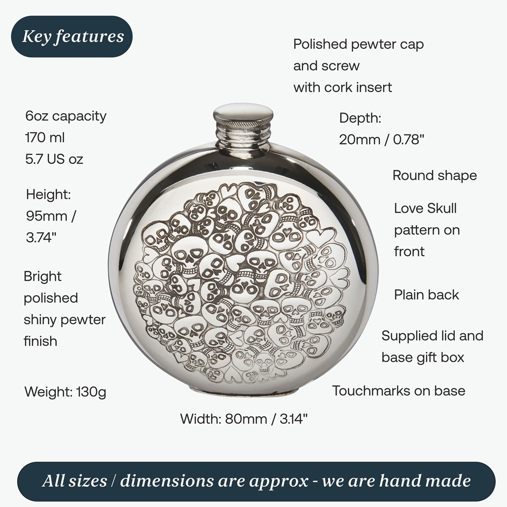 6oz Round Pewter Love Skull  Flask 6oz Round Pewter Love Skull  Flask