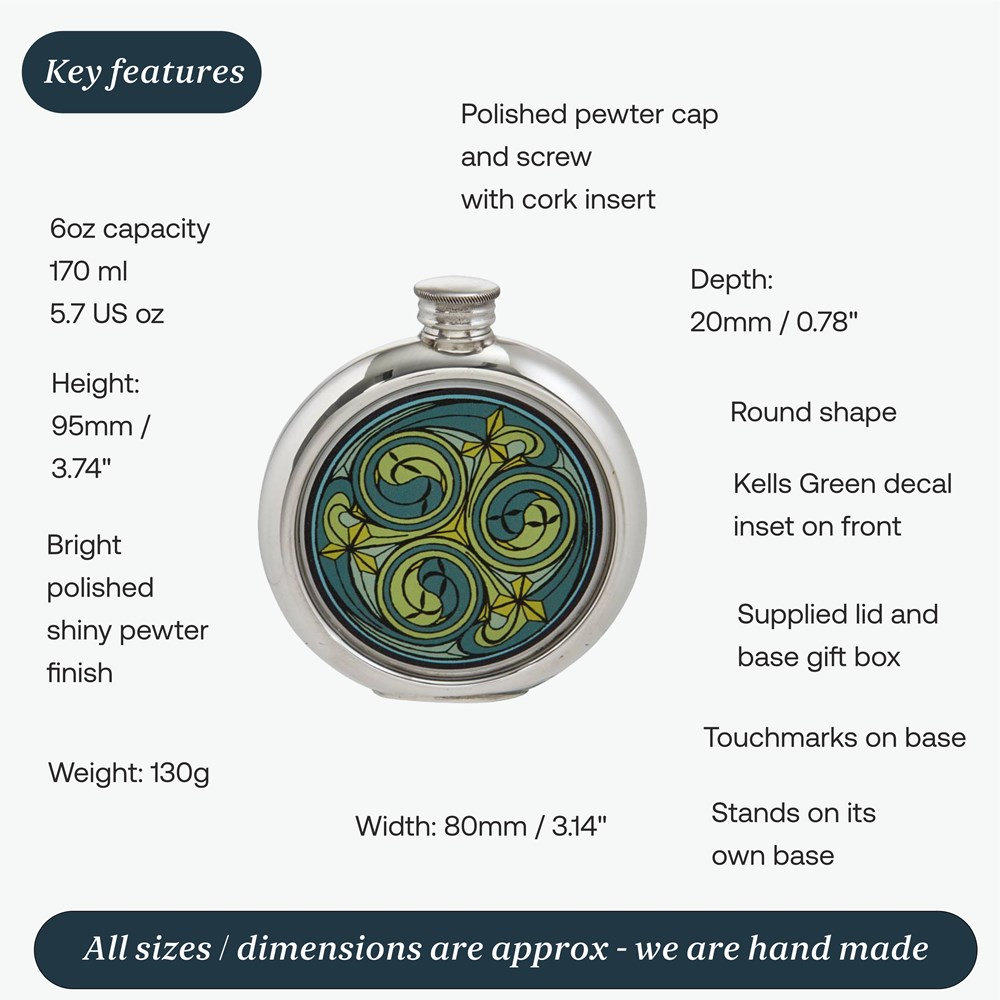 6oz Round Kells Green Pewter Picture Flask
