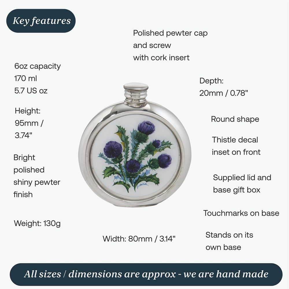 6oz Round Thistle Pewter Picture Flask 6oz Round Thistle Pewter Picture Flask
