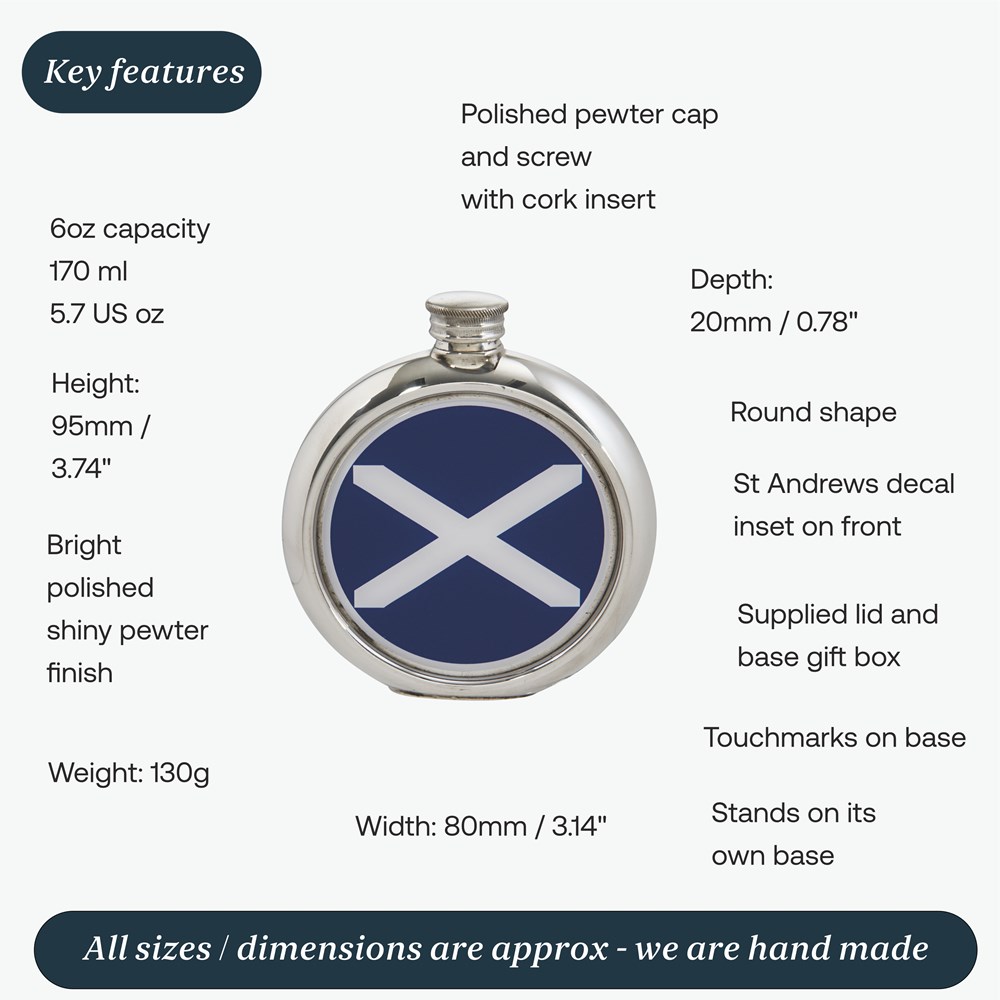 6oz Round St Andrews Flag Pewter Picture Flask 6oz Round St Andrews Flag Pewter Picture Flask