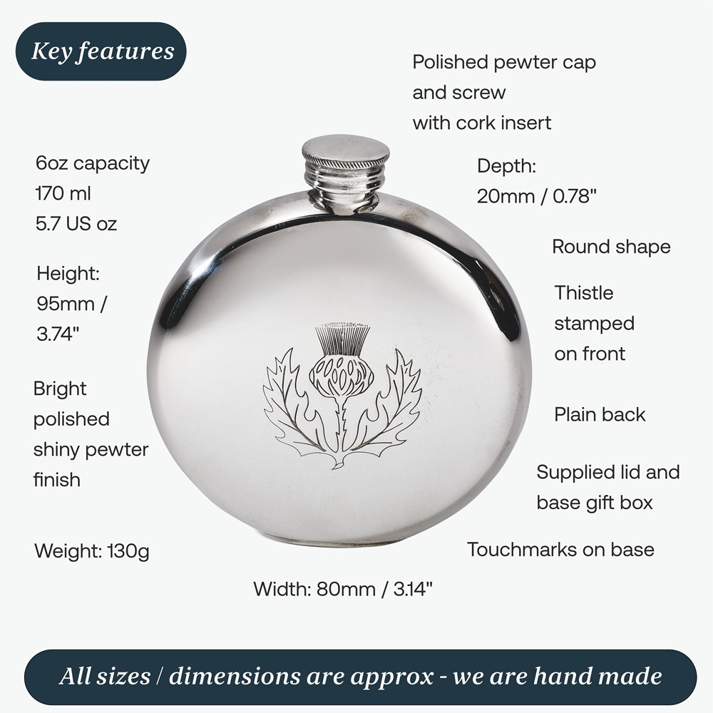 6oz Round Pewter Thistle Flask 6oz Round Pewter Thistle Flask