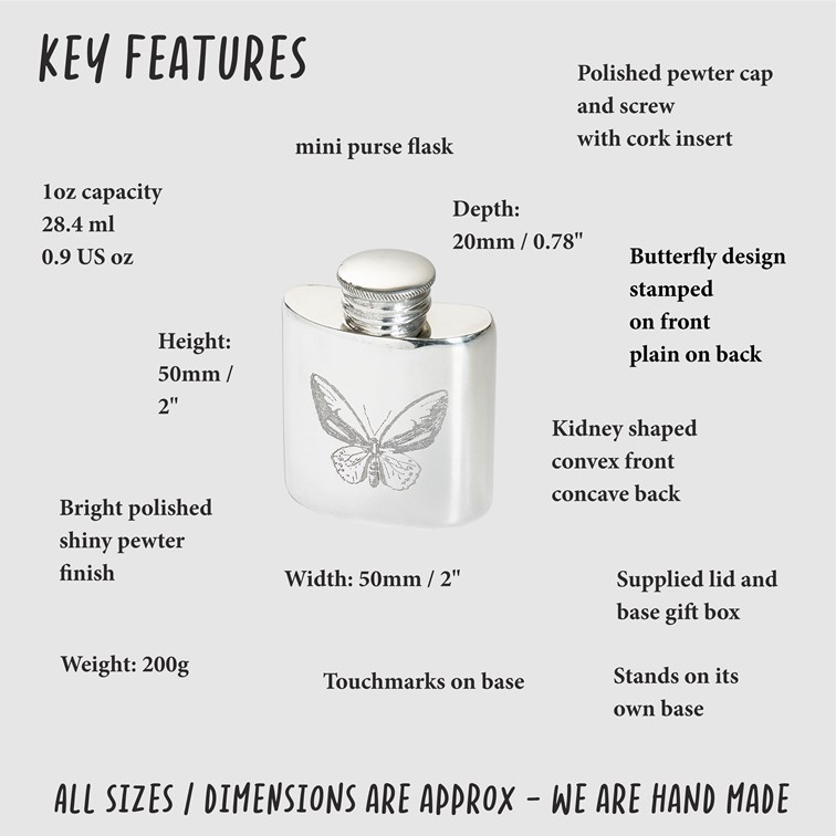 1oz Butterfly Pewter Purse Flask 1oz Butterfly Pewter Purse Flask