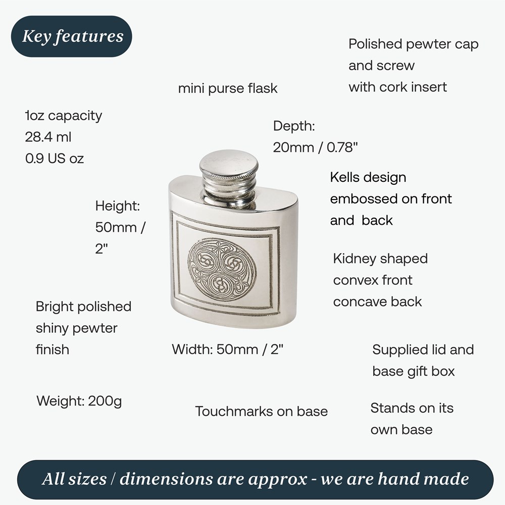 1oz Kells Small  Pewter Purse Flask 1oz Kells Small  Pewter Purse Flask
