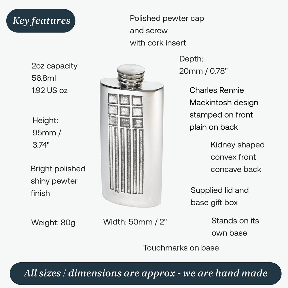 2oz Charles Rennie Mackintosh Pewter Purse Flask